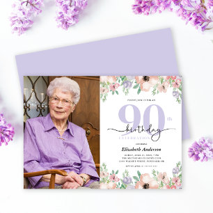 Invitación Fiesta de cumpleaños 90 Elegante Foto floral paste