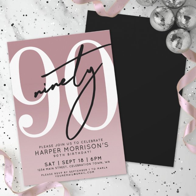Invitación Fiesta de Cumpleaños 90 Elegante Rosa (Elegant Pink 90th Birthday Party Invitation)
