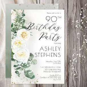 Invitación Fiesta de Cumpleaños 90 Elegante Rosa Blanca Eucal