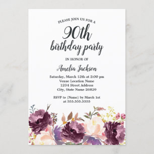 Invitación Fiesta de cumpleaños 90 Floral Bloom Morado Acuare