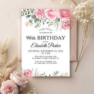 Invitación Fiesta de cumpleaños 90 flores femeninas rosadas