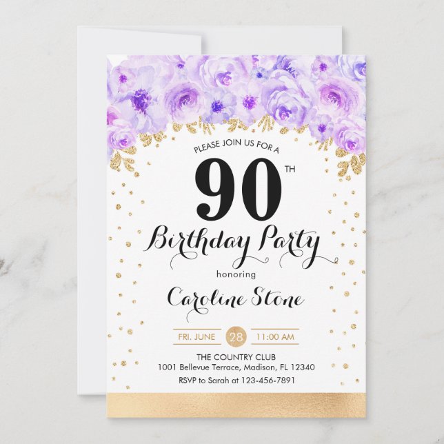 Invitación Fiesta de cumpleaños 90 - Flores moradas de oro (Anverso)