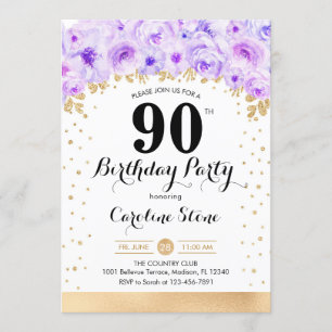 Invitación Fiesta de cumpleaños 90 - Flores moradas de oro