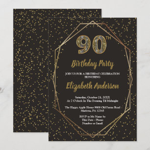 Invitación Fiesta de cumpleaños 90 Glam Black Gold