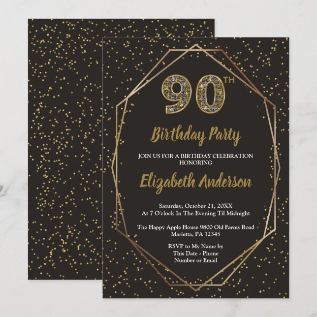 Invitación Fiesta de cumpleaños 90 Glam Black Gold (Anverso / Reverso)