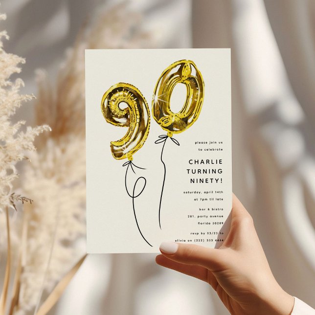 Invitación Fiesta de Cumpleaños 90 Minimal Oro 90 Globos (Subido por el creador)