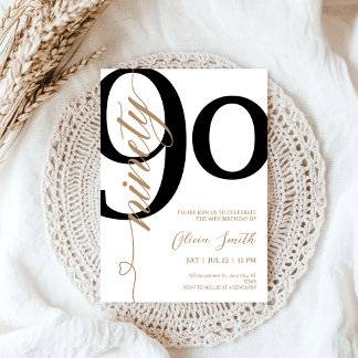Invitación Fiesta de cumpleaños 90 moderna blanca y dorada
