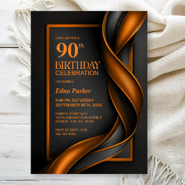 Invitación Fiesta de cumpleaños 90 moderna en negro y naranja