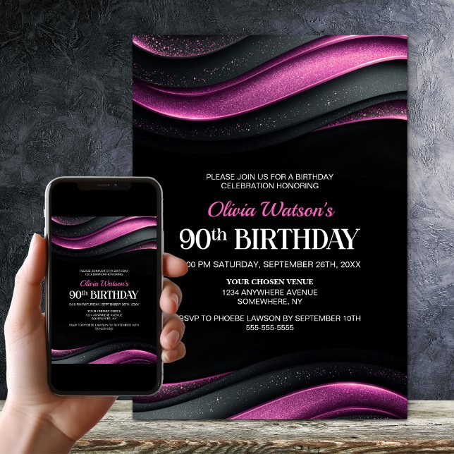 Invitación Fiesta de cumpleaños 90 moderna negra y rosa (Subido por el creador)