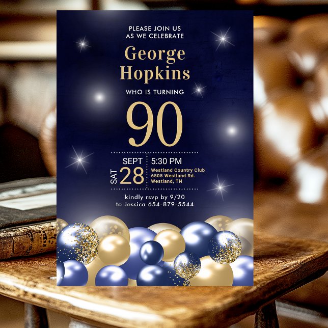 Invitación Fiesta de cumpleaños 90 Navy Blue Gold Balloons  (Subido por el creador)