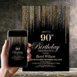 Invitación Fiesta de cumpleaños 90 negro con brillo dorado