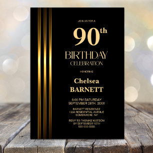 Invitación Fiesta de cumpleaños 90 negro con rayas doradas