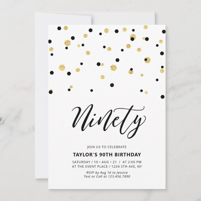Invitación Fiesta de cumpleaños 90 negro y dorado simple (Anverso)
