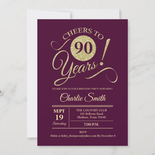 Invitación Fiesta de cumpleaños 90 - Oro de Borgoña (Anverso)