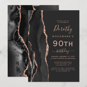 Invitación Fiesta de cumpleaños 90 oscuro Black Rose Gold Aga