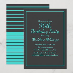 Invitación Fiesta de cumpleaños 90 rayada turquesa negra