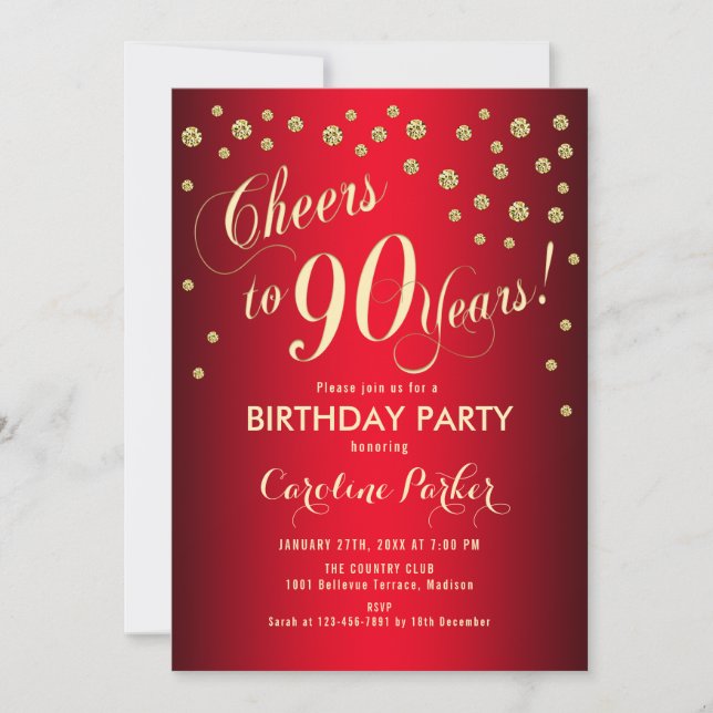 Invitación Fiesta de cumpleaños 90 - Rojo de oro (Anverso)