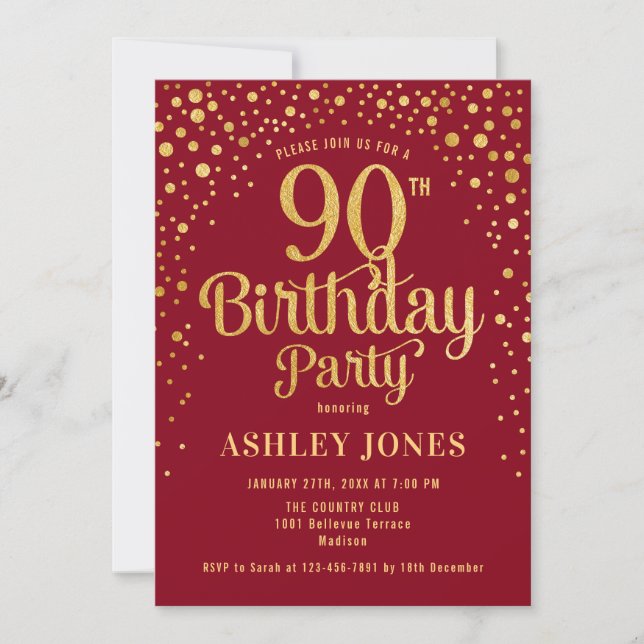 Invitación Fiesta de cumpleaños 90 - Rojo y Oro (Anverso)