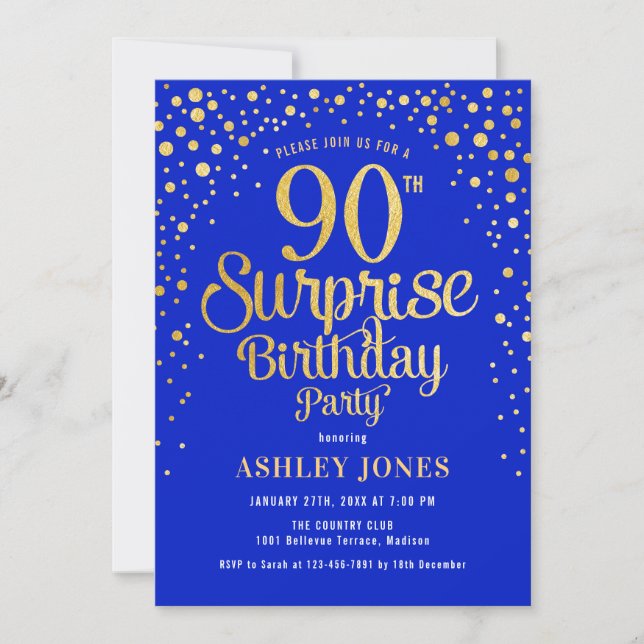 Invitación Fiesta de cumpleaños 90 - Royal Blue & Gold (Anverso)