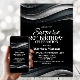Invitación Fiesta de Cumpleaños 90 Sorpresa Negra y Plateada