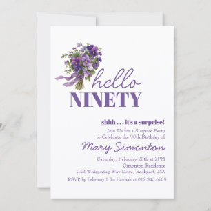 Invitación FIESTA DE CUMPLEAÑOS 90 Sorpresa Ramo Floral Púrpu