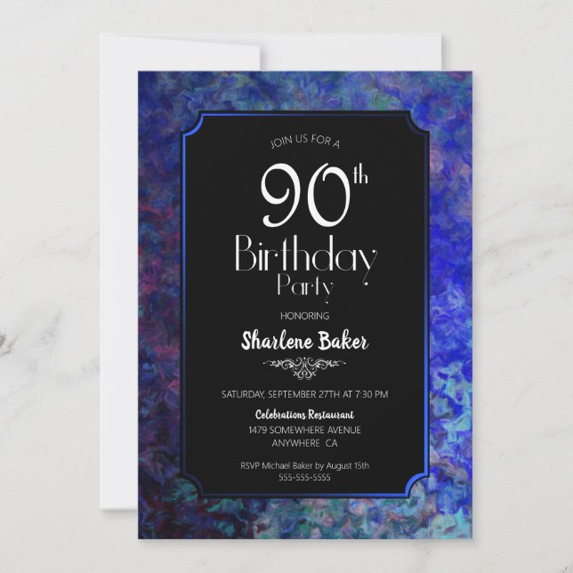 Invitación Fiesta de cumpleaños 90 Stylish con borde azul (Anverso)