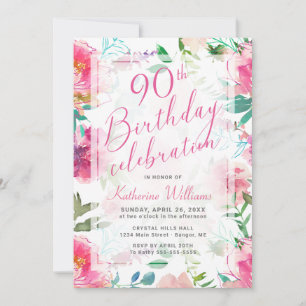 Invitación Fiesta de cumpleaños 90 Tropical Flor de Peonía Ro