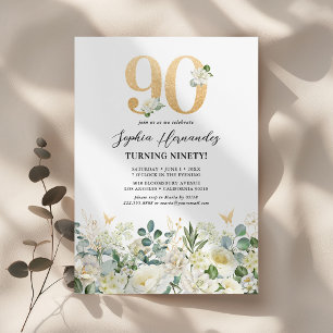 Invitación Fiesta de cumpleaños 90 Verde y Floral Blanco