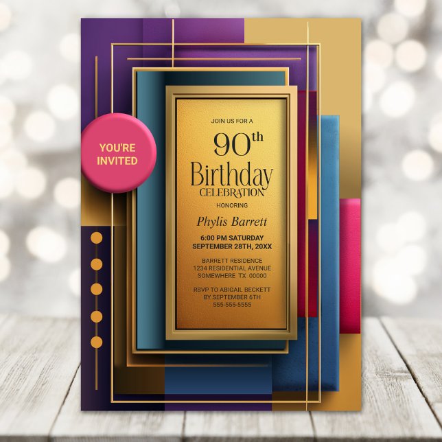 Invitación Fiesta de Cumpleaños 90 Vibrante Geométrico (Subido por el creador)