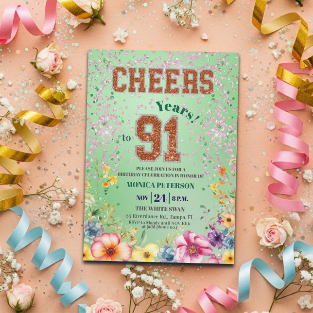 Invitación Fiesta de cumpleaños 91 con flores brillantes de e (Subido por el creador)