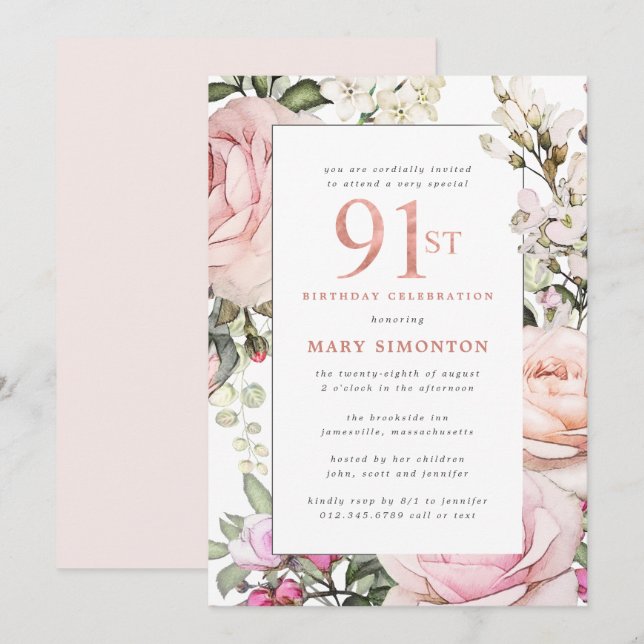 Invitación Fiesta de cumpleaños 91 de Rubor Pink Floral (Anverso / Reverso)