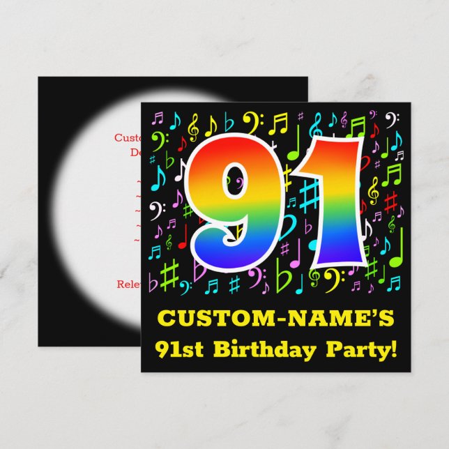 Invitación Fiesta de cumpleaños 91: Símbolos de música divert (Anverso / Reverso)