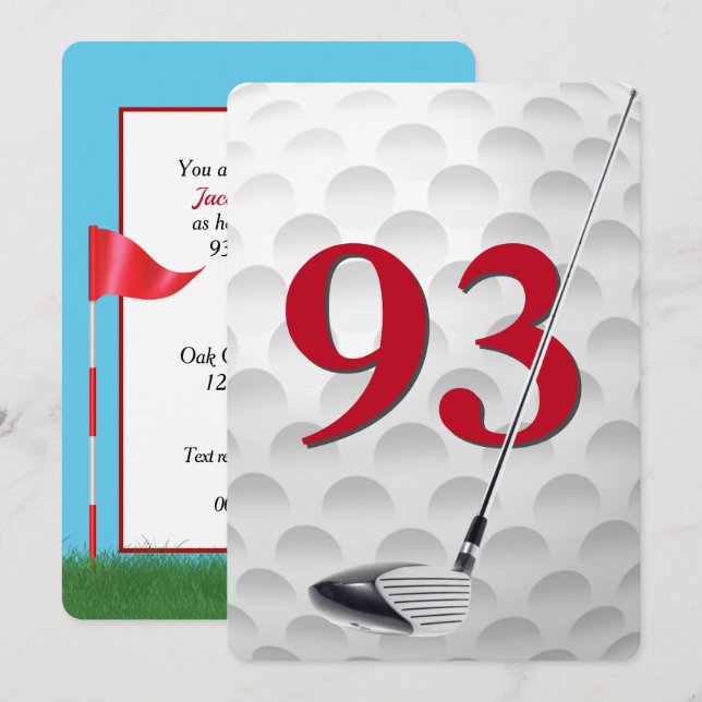 Invitación Fiesta de cumpleaños 93 con tema de golf (Anverso / Reverso)