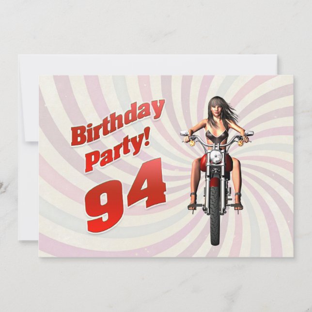 Invitación fiesta de cumpleaños 94 con un chica en moto (Anverso)