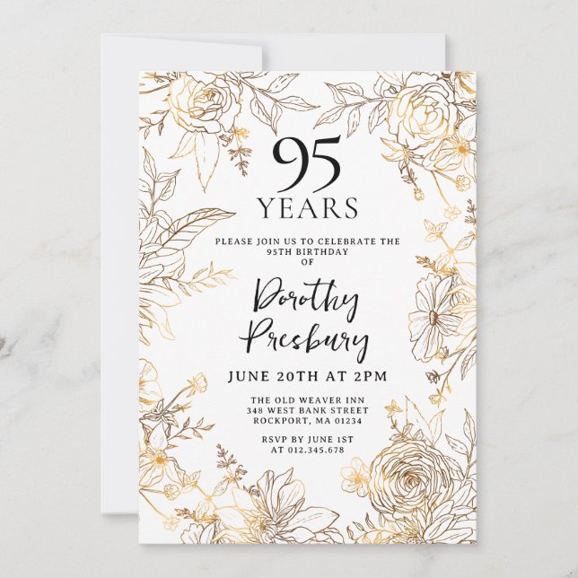 Invitación Fiesta de cumpleaños 95 de Gold White Floral (Anverso)
