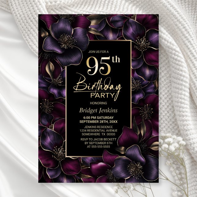 Invitación Fiesta de cumpleaños 95 de Morado y Floral Rosa (Subido por el creador)