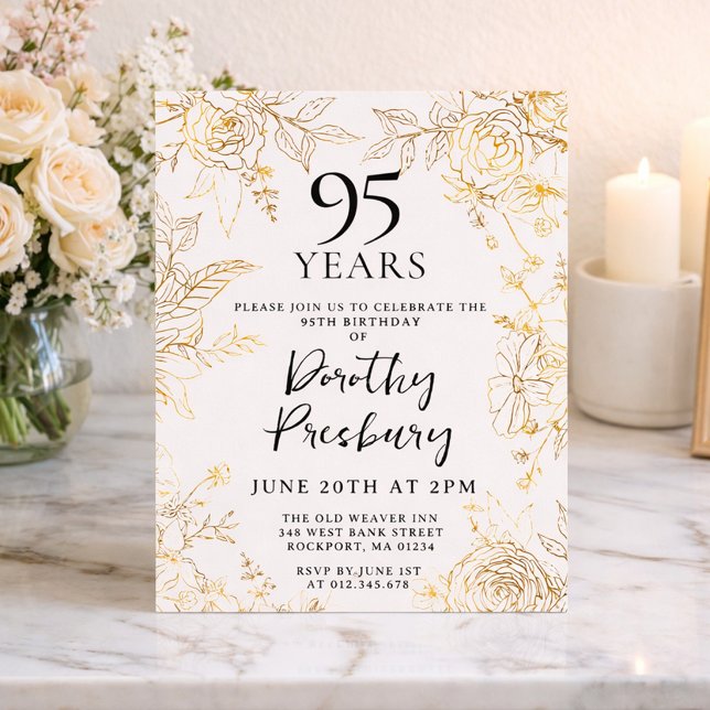 Invitación Fiesta de cumpleaños 95 dorado blanco floral (Subido por el creador)