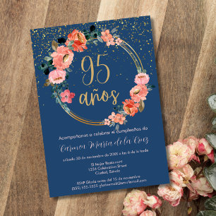 Invitación Fiesta de Cumpleaños 95 Elegante Floral Azul Españ