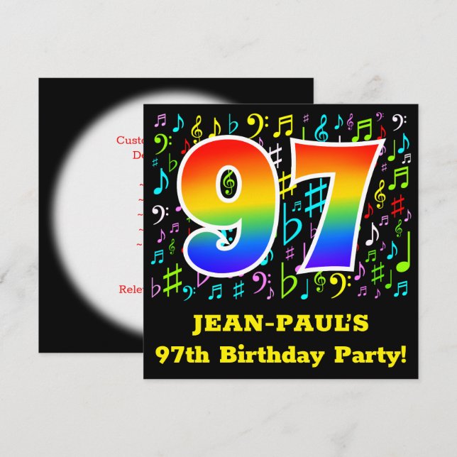 Invitación Fiesta de cumpleaños 97: Símbolos de música divert (Anverso / Reverso)