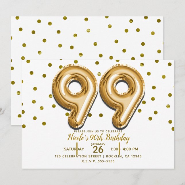 Invitación Fiesta de cumpleaños 99 con 99 globos dorados y co (Anverso / Reverso)