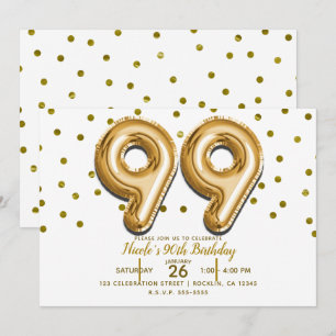 Invitación Fiesta de cumpleaños 99 con 99 globos dorados y co