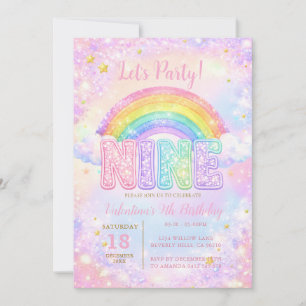 Invitación Fiesta de cumpleaños 9 años Estrella Arcoíris Rosa