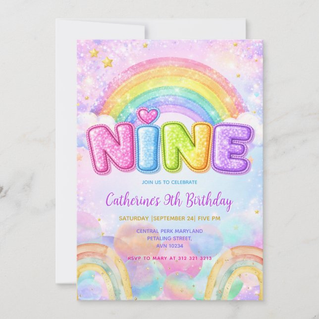 Invitación Fiesta de cumpleaños 9 de Sparkle Rainbow (Anverso)