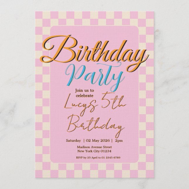 Invitación Fiesta de cumpleaños a cuadros rosa pastel (Anverso)