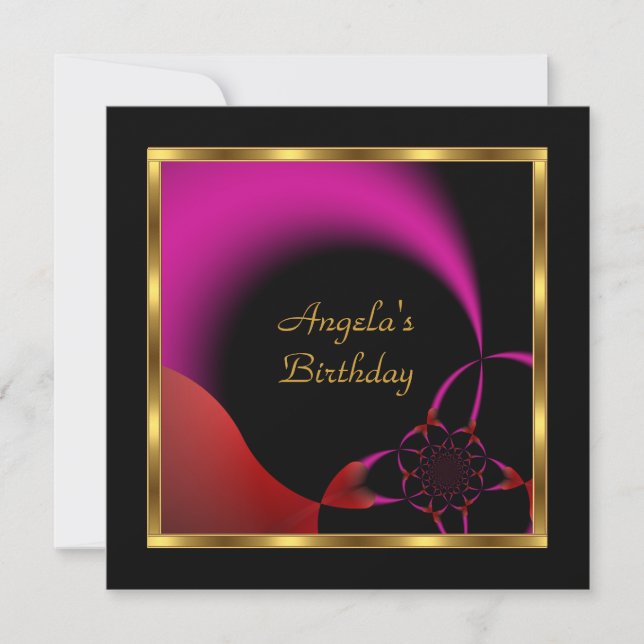 Invitación Fiesta de Cumpleaños Abstracto Negro Rojo Rosa Dor (Anverso)