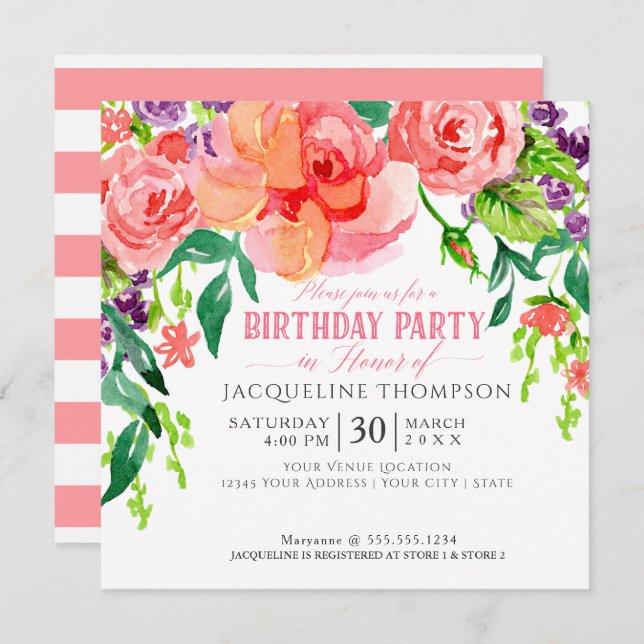 Invitación Fiesta de cumpleaños acuarela Arte floral brillant (Anverso / Reverso)
