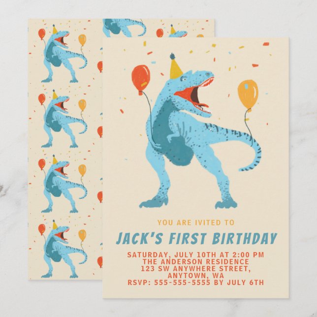 Invitación Fiesta de Cumpleaños Acuarela de Dinosaurio T-Rex (Anverso / Reverso)