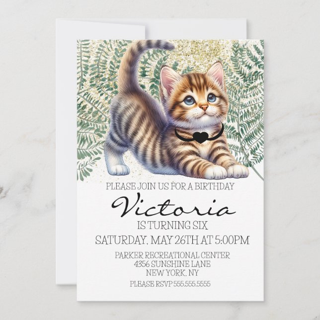 Invitación Fiesta de Cumpleaños Acuarela de Gatito Adorable c (Anverso)
