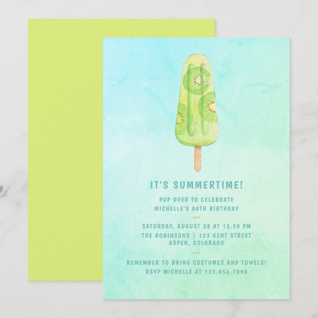 Invitación Fiesta de Cumpleaños Acuarela de Paleta de Verano (Anverso / Reverso)