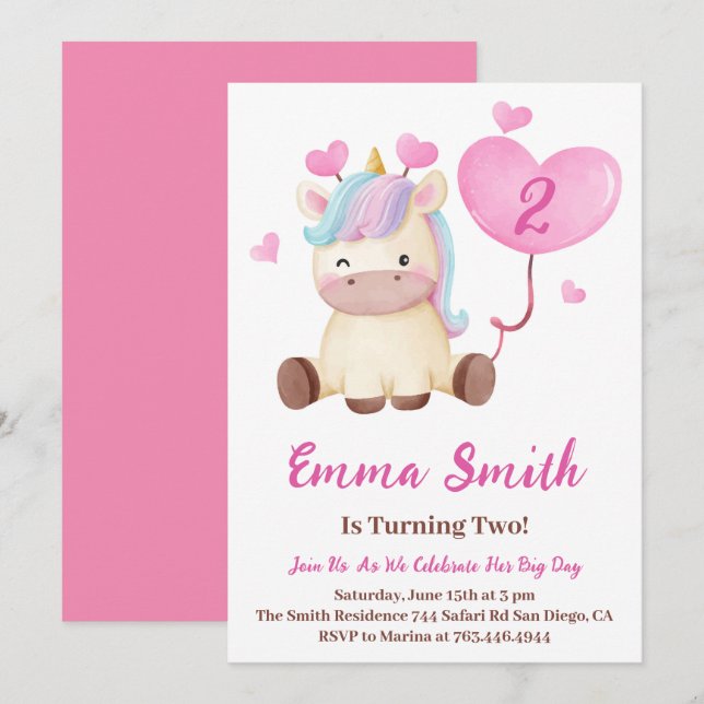 Invitación Fiesta de Cumpleaños Acuarela de Unicornio Adorabl (Anverso / Reverso)